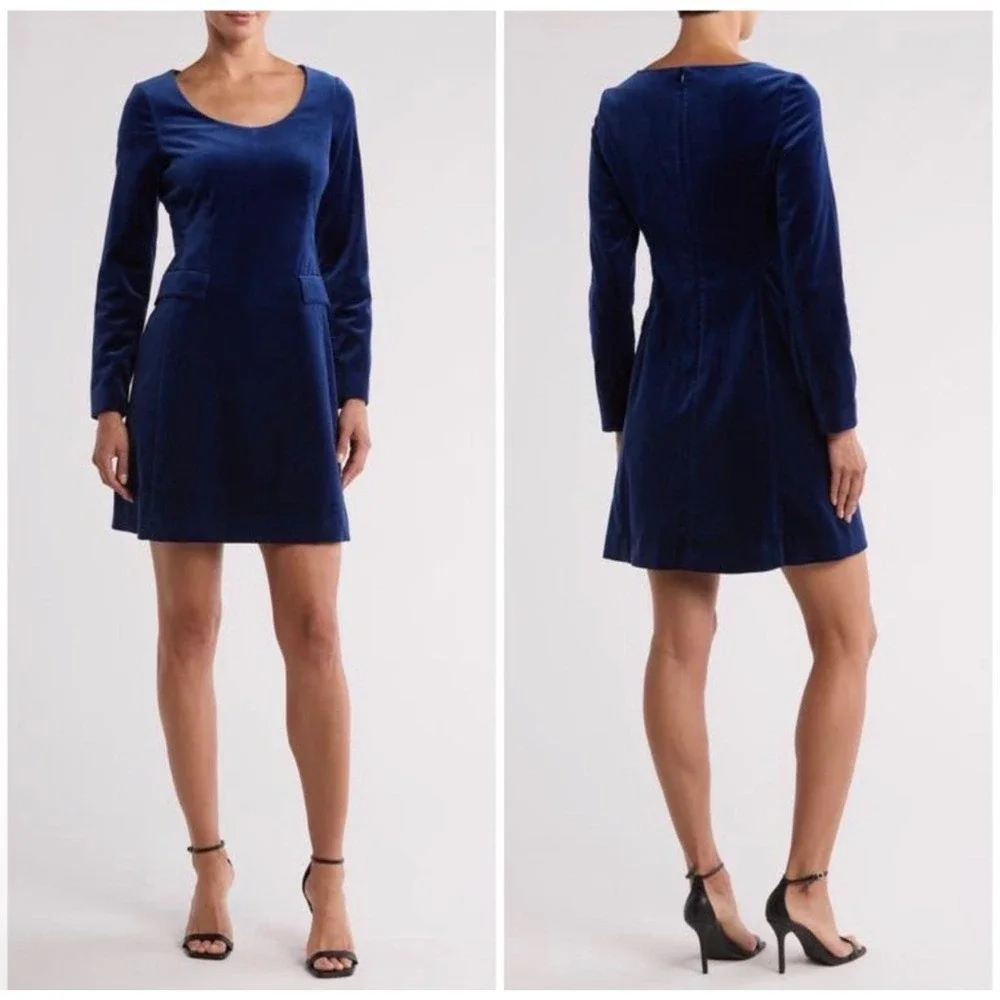 New Theory Stretch Velvet Velour Shift Dress Flap Pockets Long Sleeve Blue Sz 00